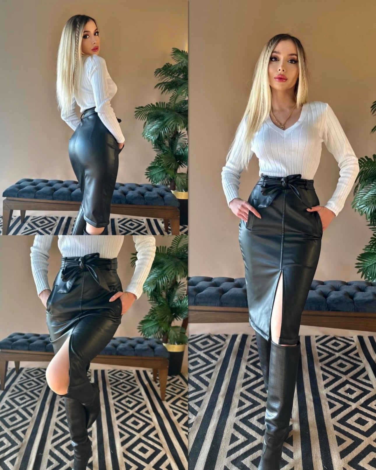 Faux leather belted skirt