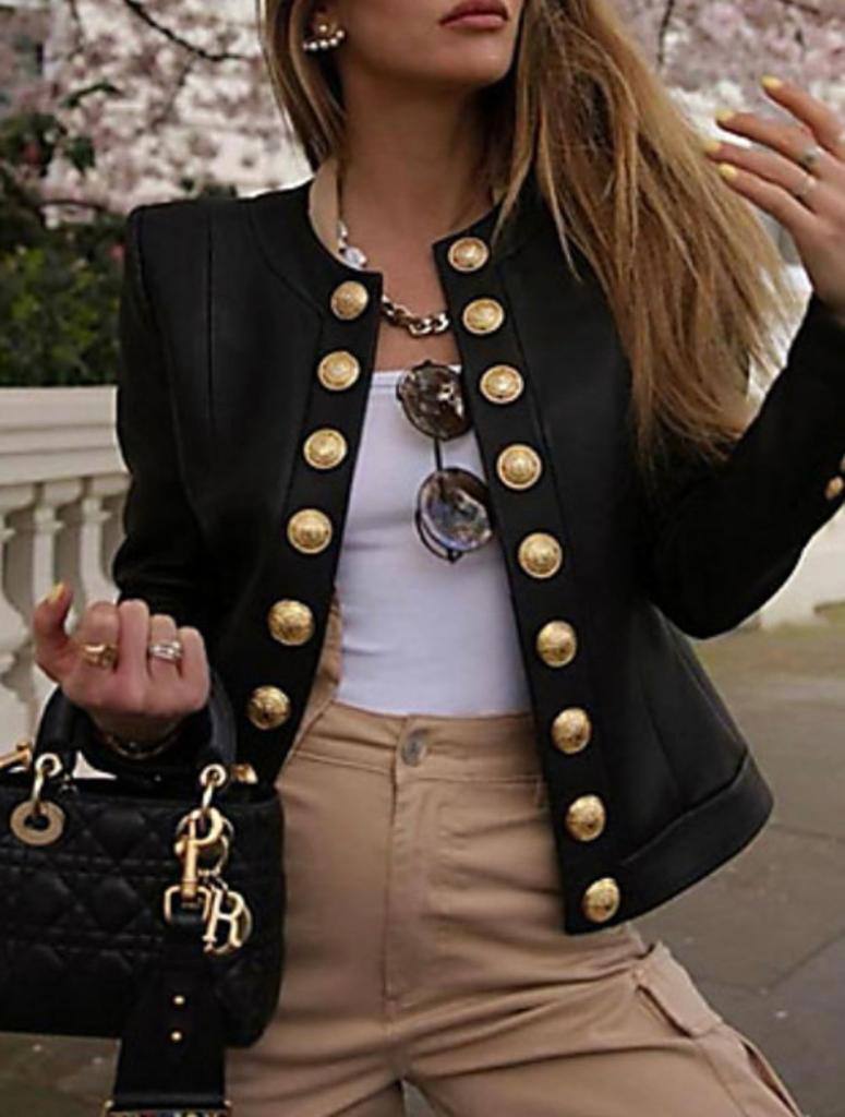 Stylish Faux leather open front botton jacket.